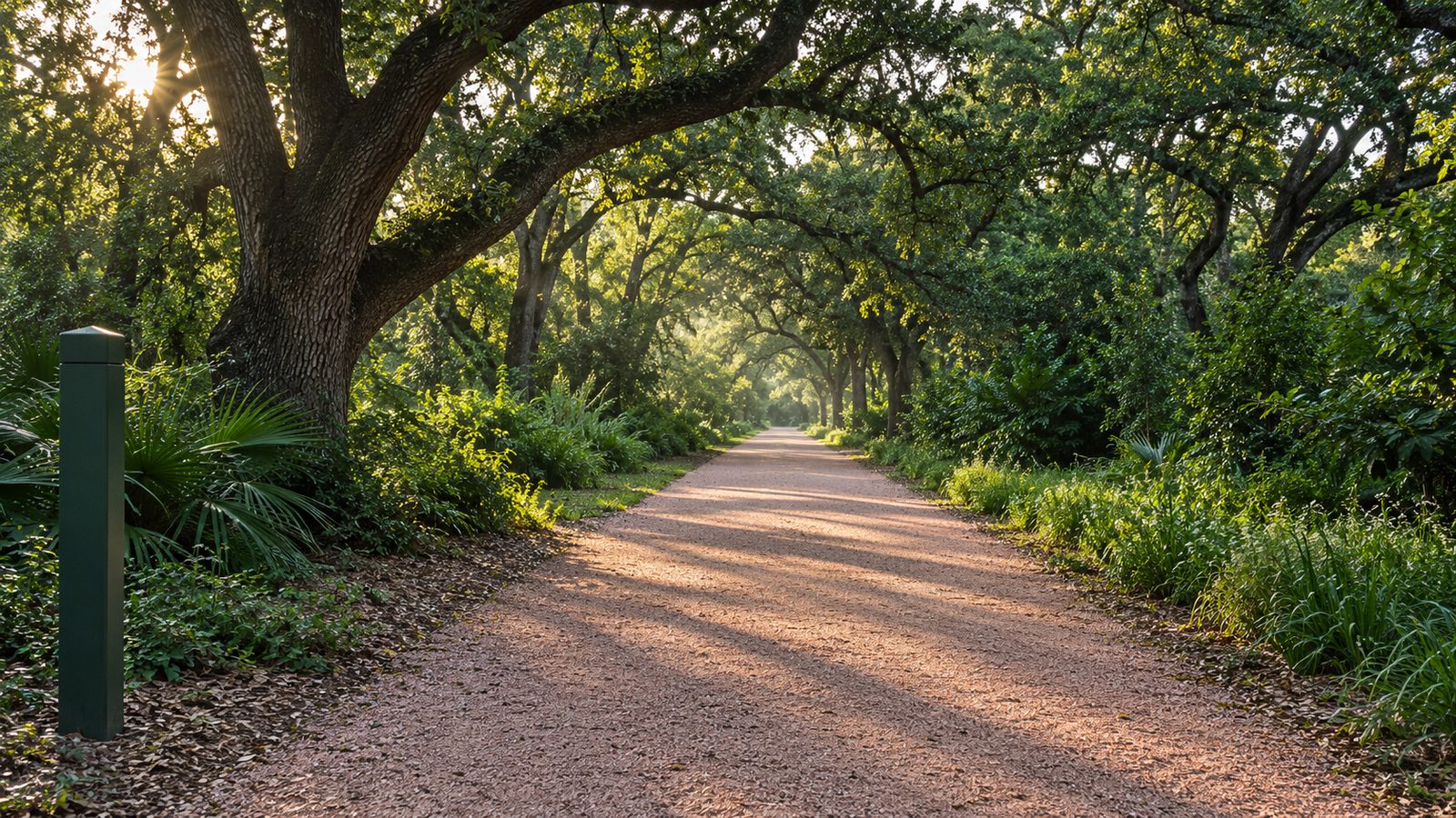 Crushed-granite trail running under arching live oaks in early morning light